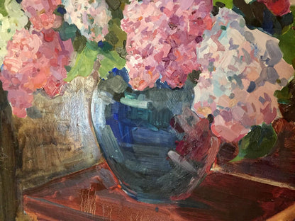 Oil painting of blue vase with pink white hydrangeas by Merkulieva Maria Alexandrovna