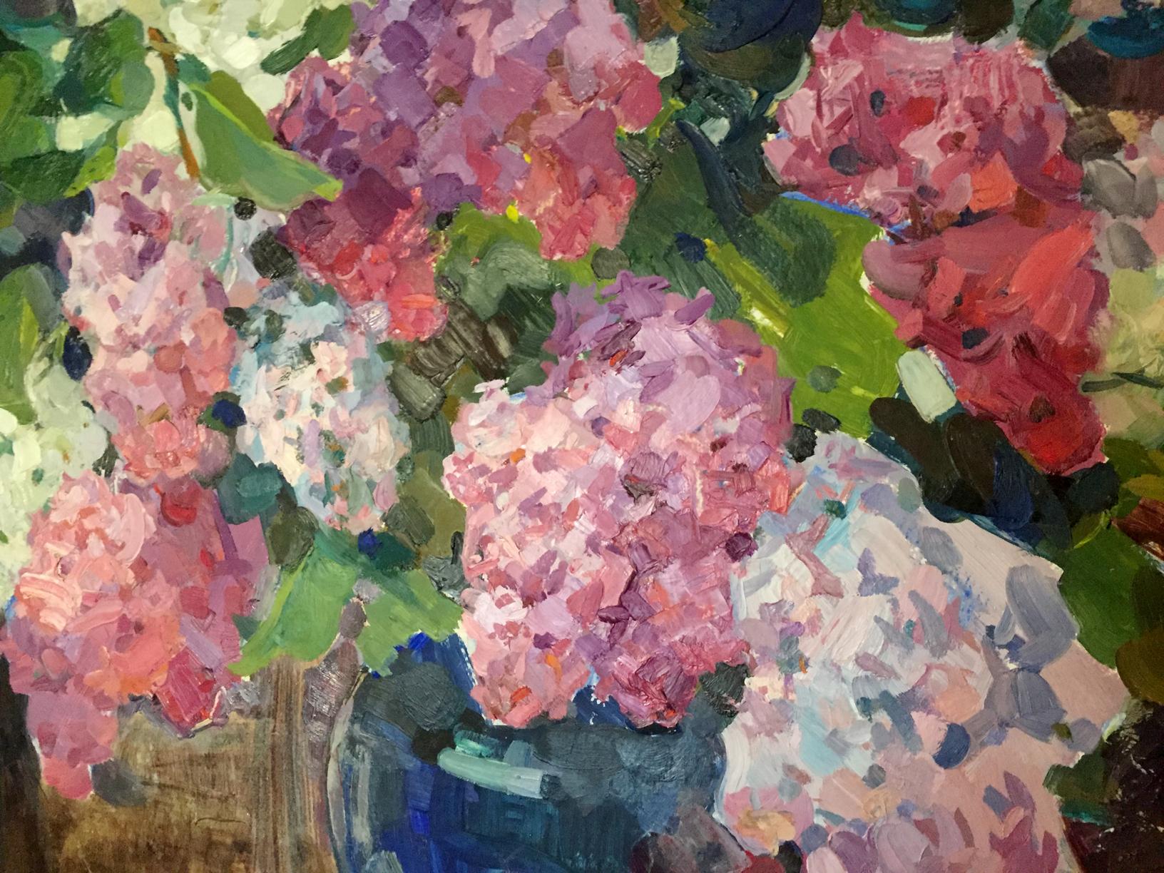 Oil painting of pink, purple, white hydrangeas in blue vase by Merkulieva Maria Alexandrovna