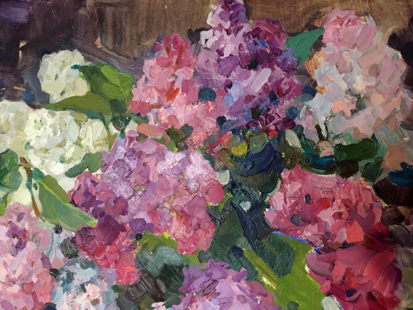 Vibrant impressionistic oil painting of pink purple white hydrangeas by Merkulieva Maria Alexandrovna