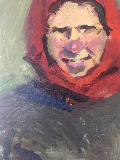 Vibrant oil painting of smiling woman in red hooded scarf portrait
