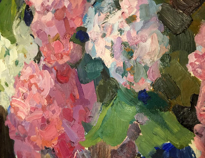 Vibrant impressionistic oil painting of pink white flowers by Merkulieva Maria Alexandrovna