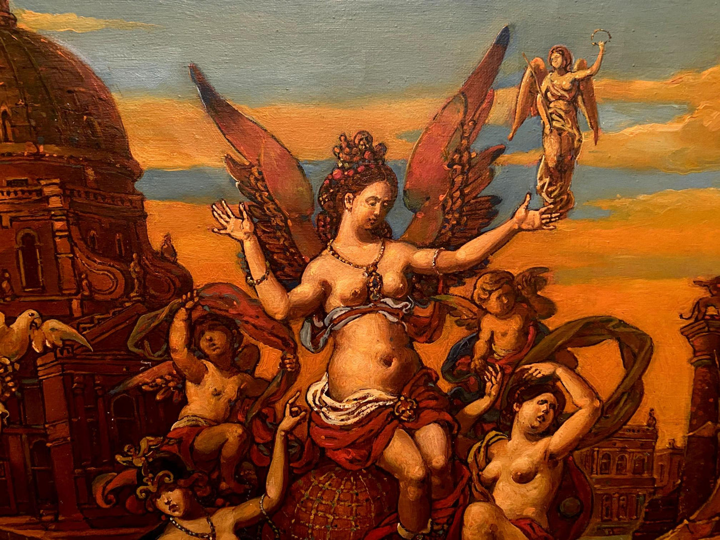 A classical oil painting featuring a winged female figure in red and gold attire, surrounded by cherubs and architectural elements under an orange-hued sky.