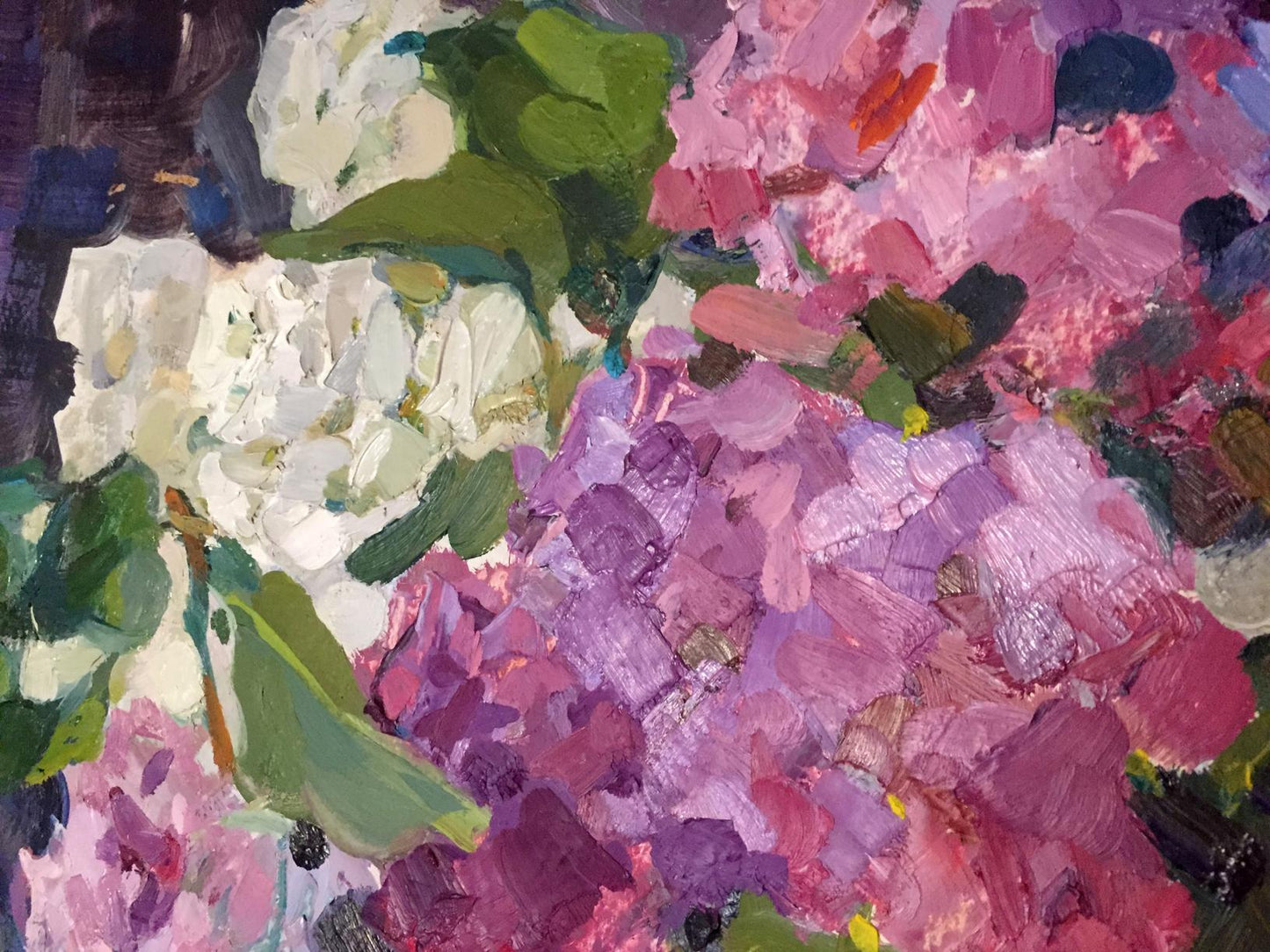 Vibrant oil painting of pink purple white hydrangeas by Merkulieva Maria Alexandrovna