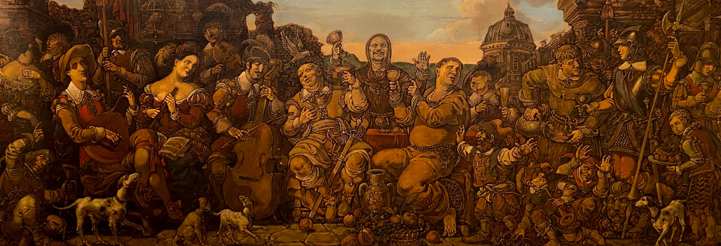 Oil painting The feasting by Litvinov Oleg Arkad’yevich, lively medieval feast scene