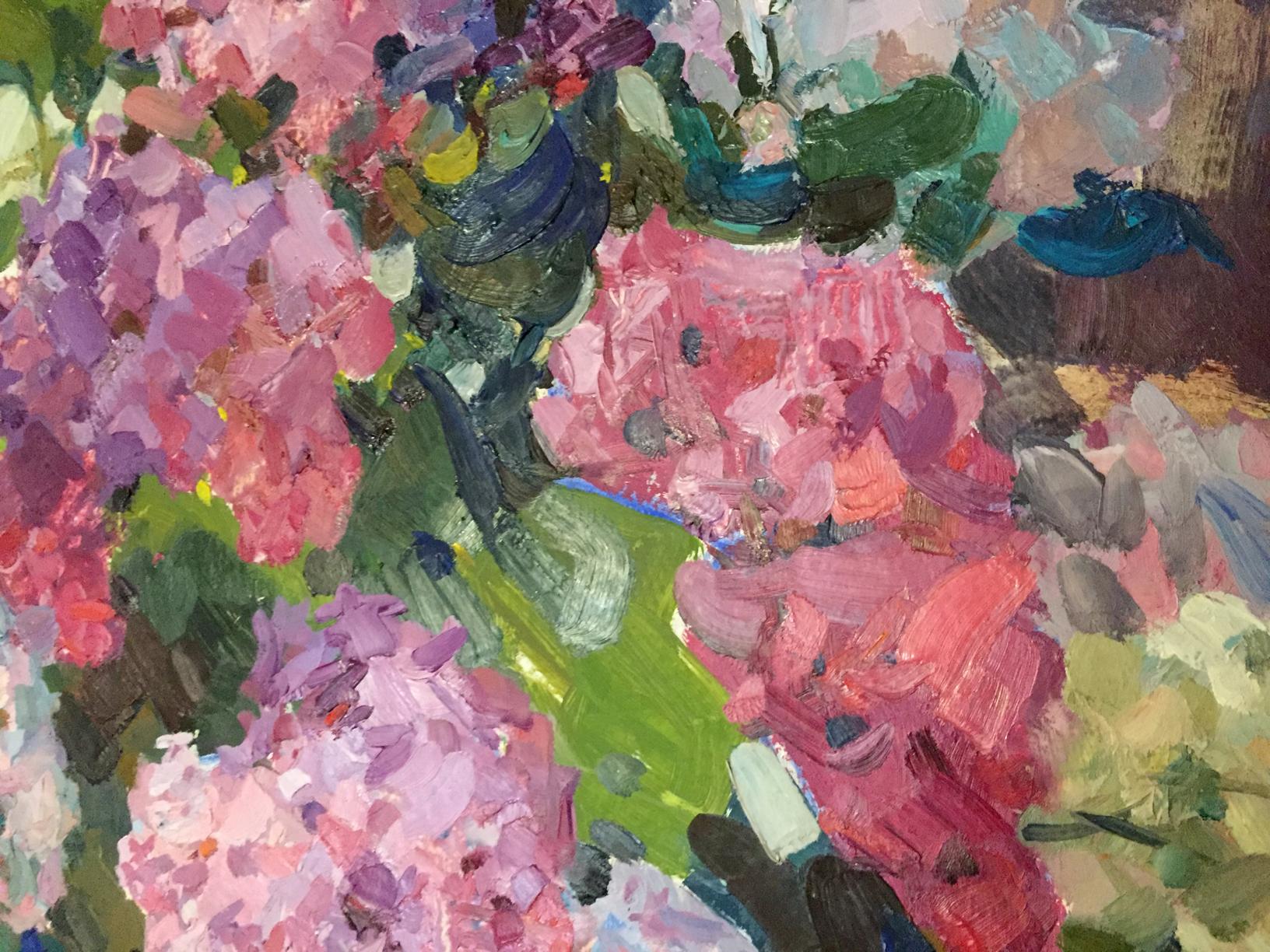 Vibrant impressionist oil painting of pink purple hydrangeas by Merkulieva Maria Alexandrovna