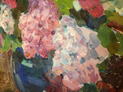 Vibrant impressionistic oil painting of pink white hydrangeas in blue vase by Merkulieva Maria Alexandrovna
