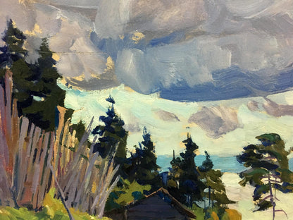 Oil painting Cloudy day in the village by Anatoly Fomin with pines