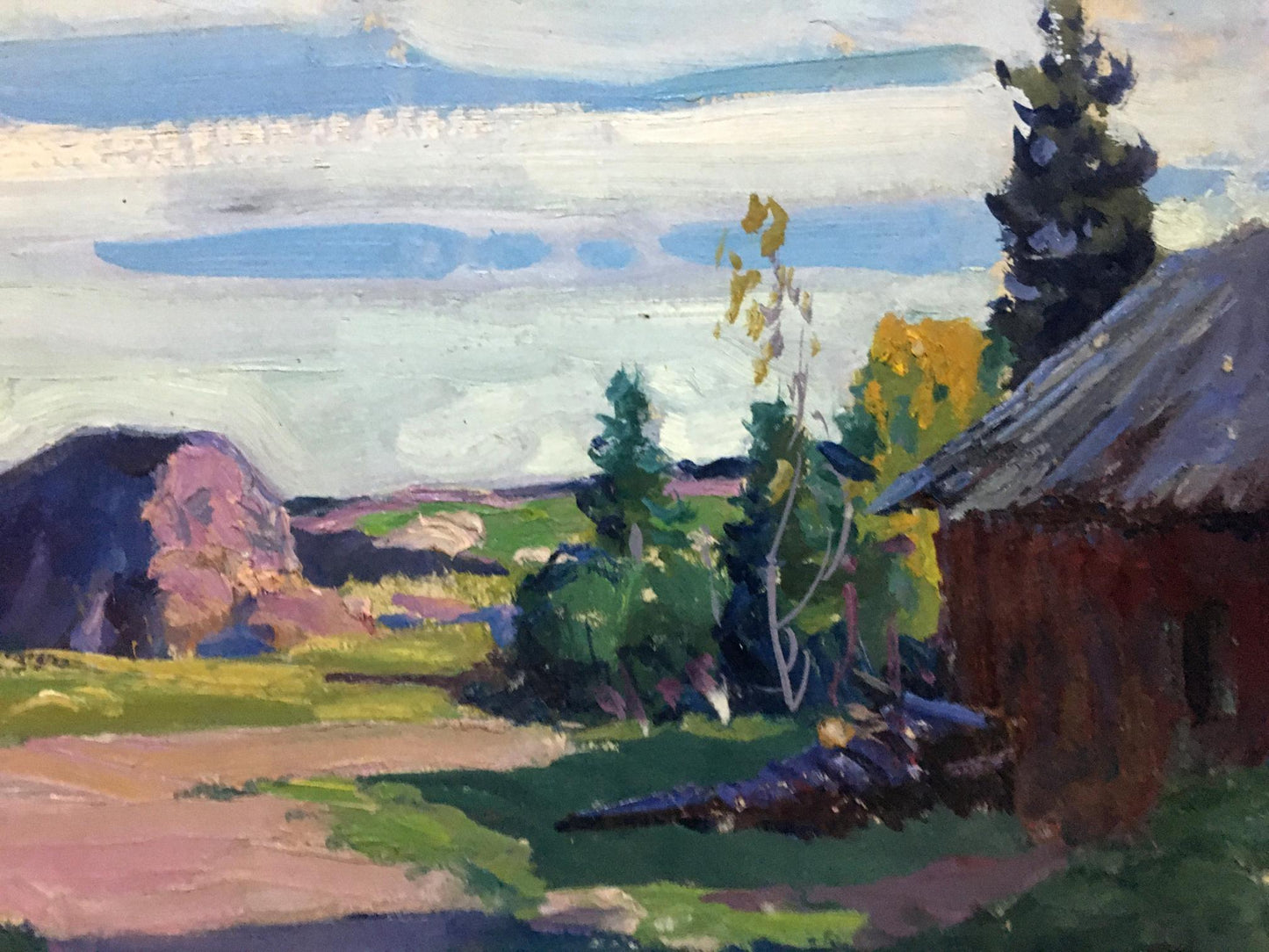 Oil painting of rustic cabin in village by Anatoly Fomin