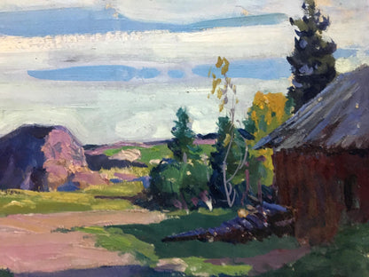 Oil painting of rustic cabin in village by Anatoly Fomin