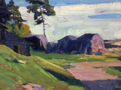Oil painting Cloudy day in the village by Anatoly Fomin vibrant hills and pines