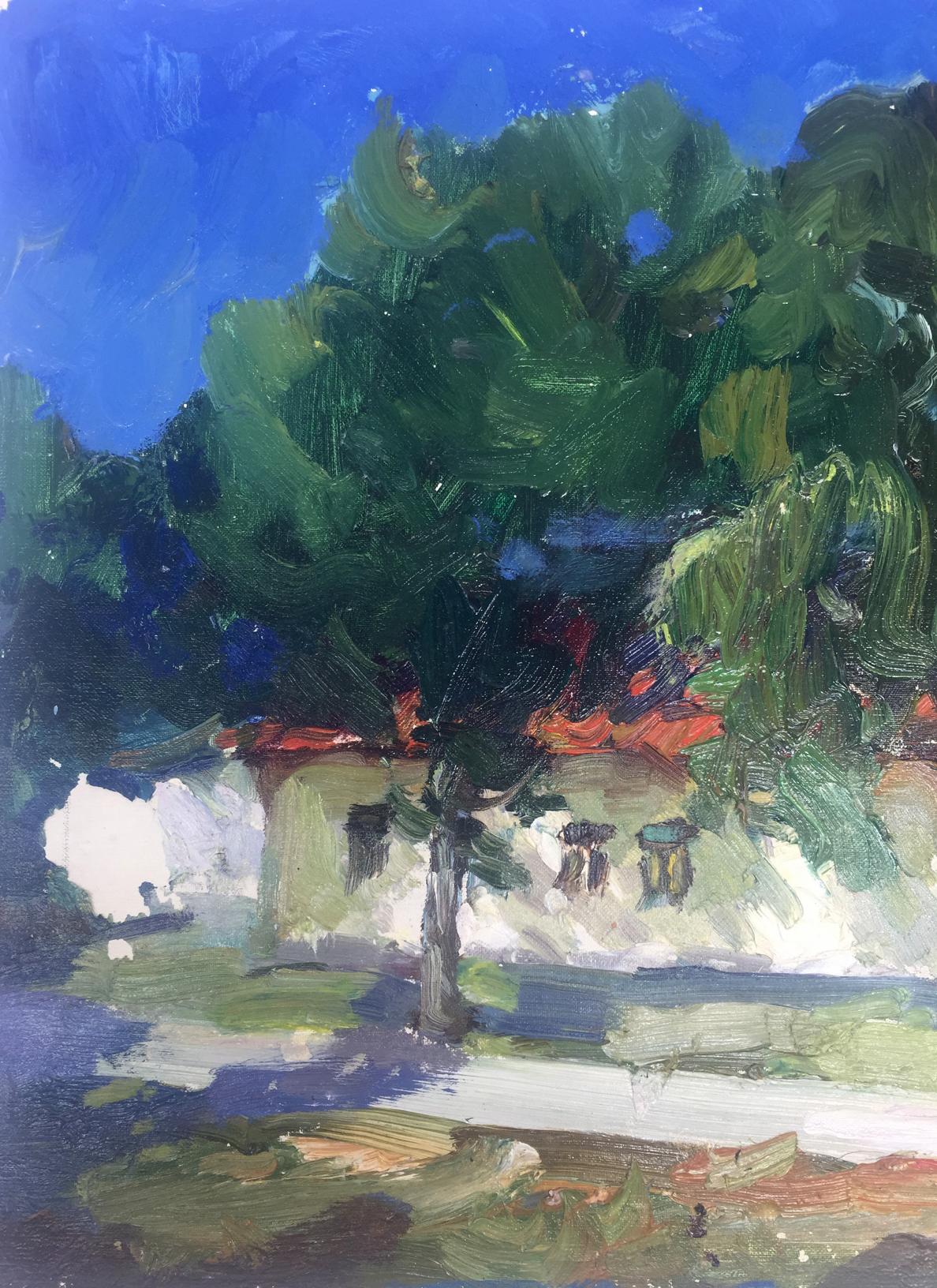 Oil painting of House museum Georgy Petrovich Petrov with vibrant green trees