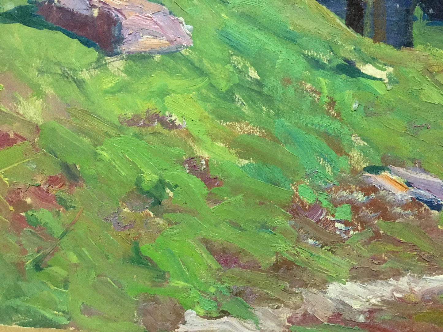 Oil painting Cloudy day in the village by Anatoly Fomin: vibrant green hillside