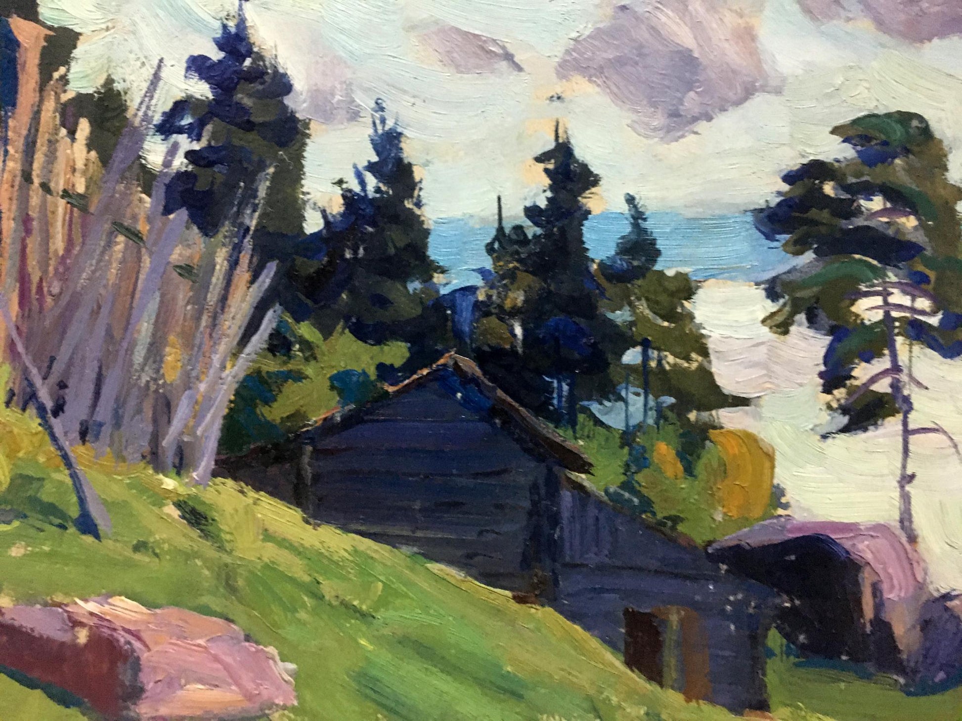 Oil painting of dark wooden cabin in village by Anatoly Fomin