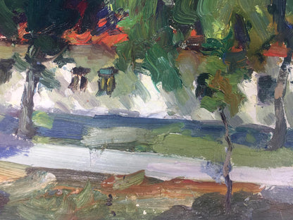 Vibrant impressionist oil painting by Georgy Petrovich Petrov of green trees, white houses, blue water