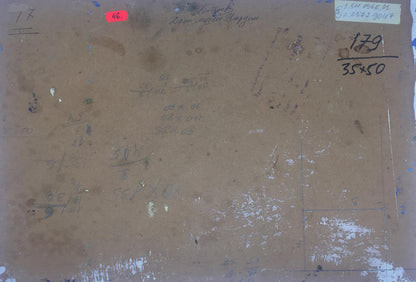 Back of oil painting House museum Georgy Petrovich Petrov with brown paper markings and red price sticker