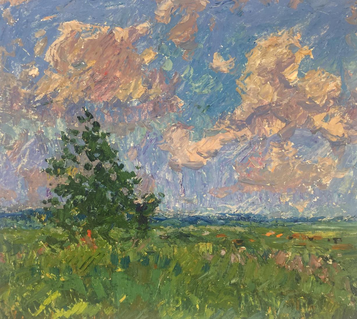 Vibrant impressionist oil painting by Victor Grigorievich Sevastyanov: solitary green tree against swirling sky