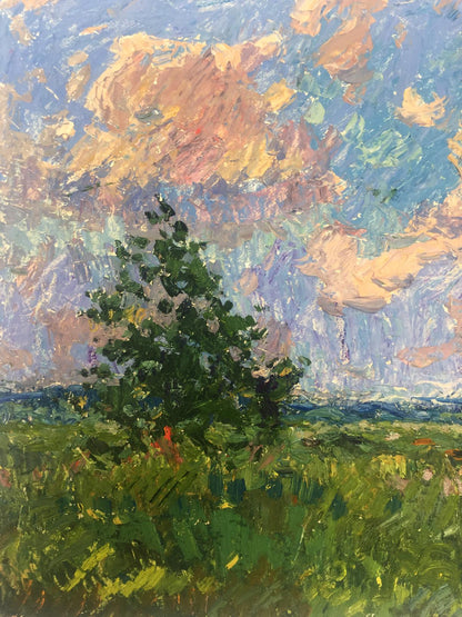 Vibrant impressionist oil painting by Victor Grigorievich Sevastyanov: solitary green tree against swirling sky