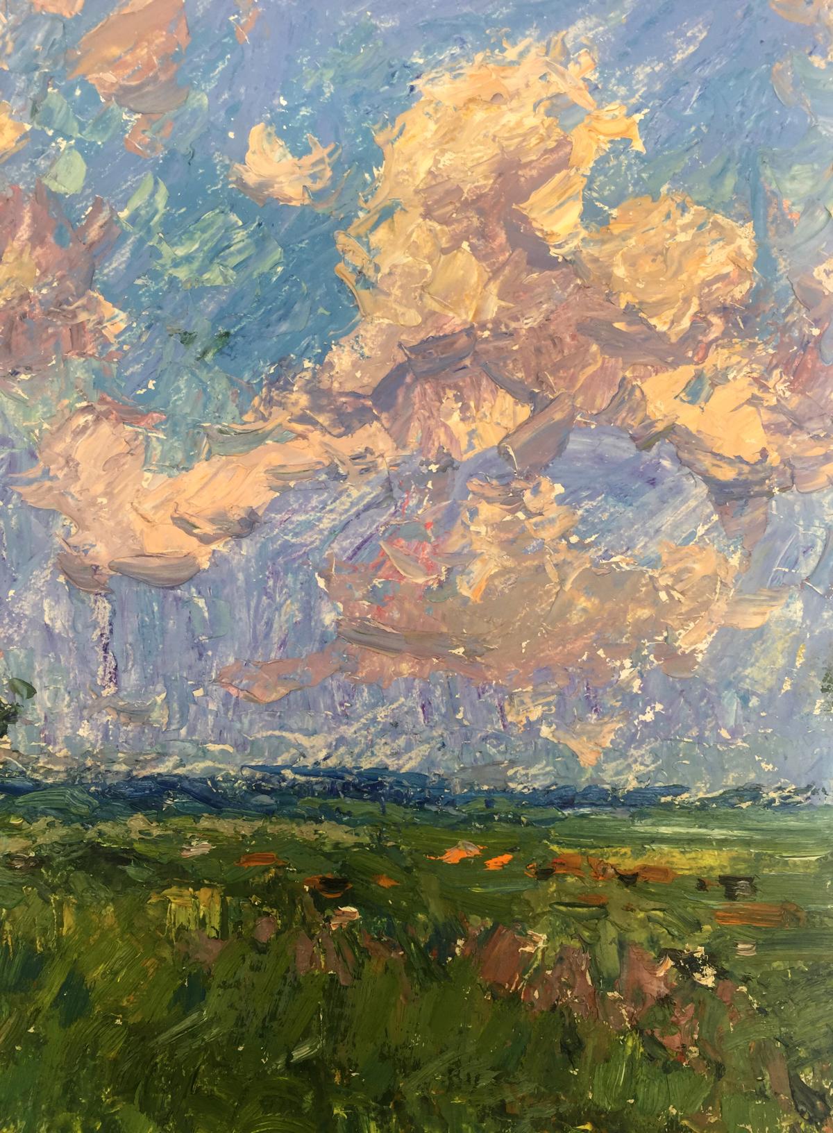 Vibrant impressionist oil painting by Victor Grigorievich Sevastyanov of swirling sky over green field