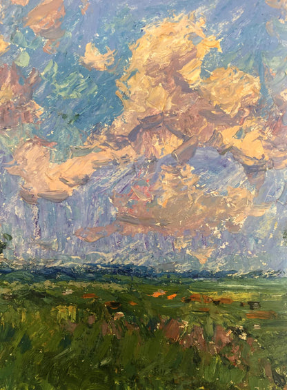 Vibrant impressionist oil painting by Victor Grigorievich Sevastyanov of swirling sky over green field