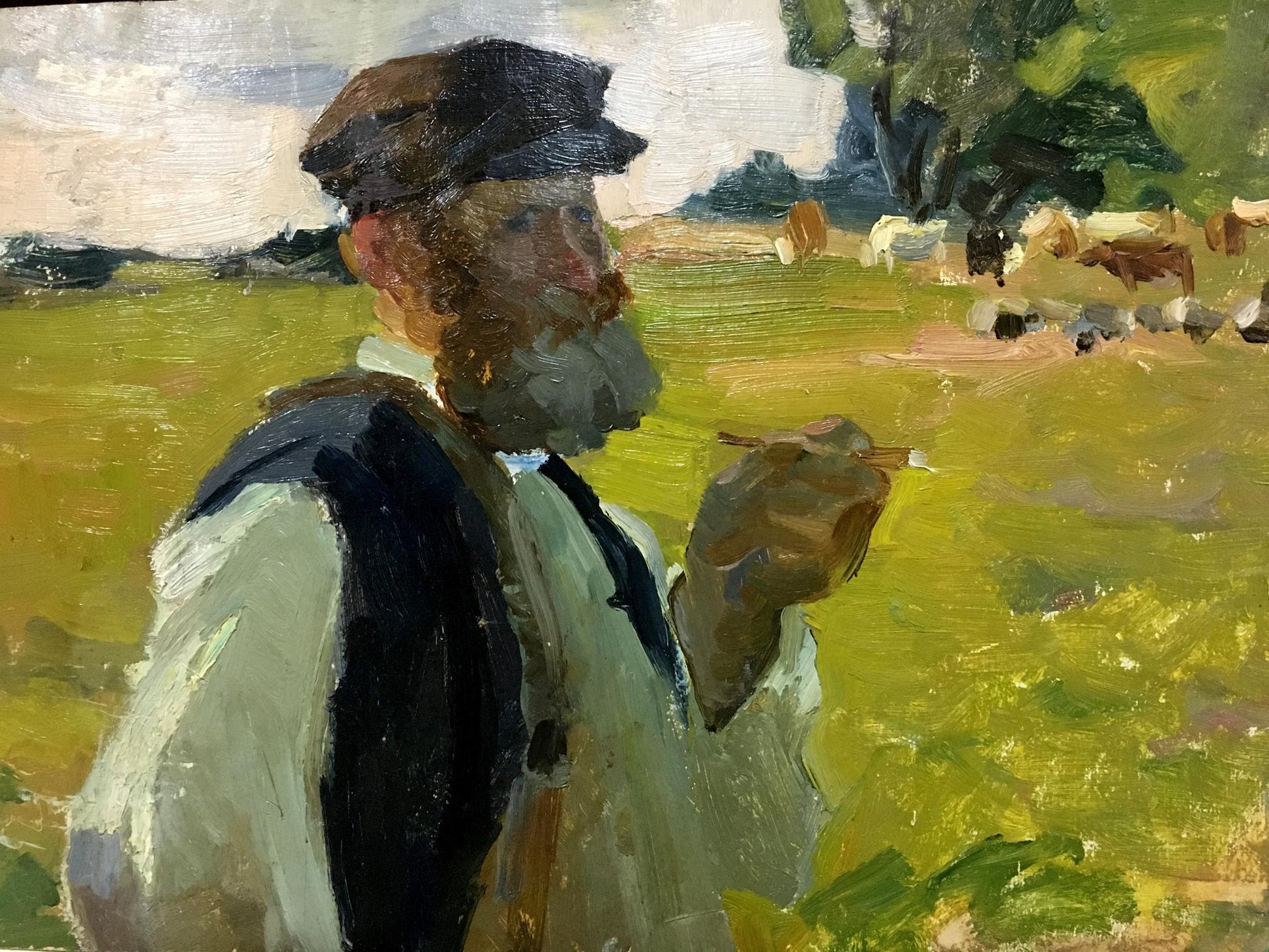 Oil painting Shepherd by Yablokov Anatoly Ivanovich rustic bearded man in field