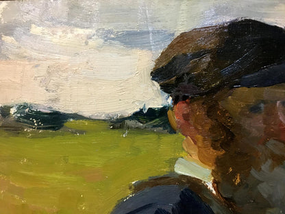 Oil painting by Yablokov Anatoly Ivanovich: shepherd in profile on green field