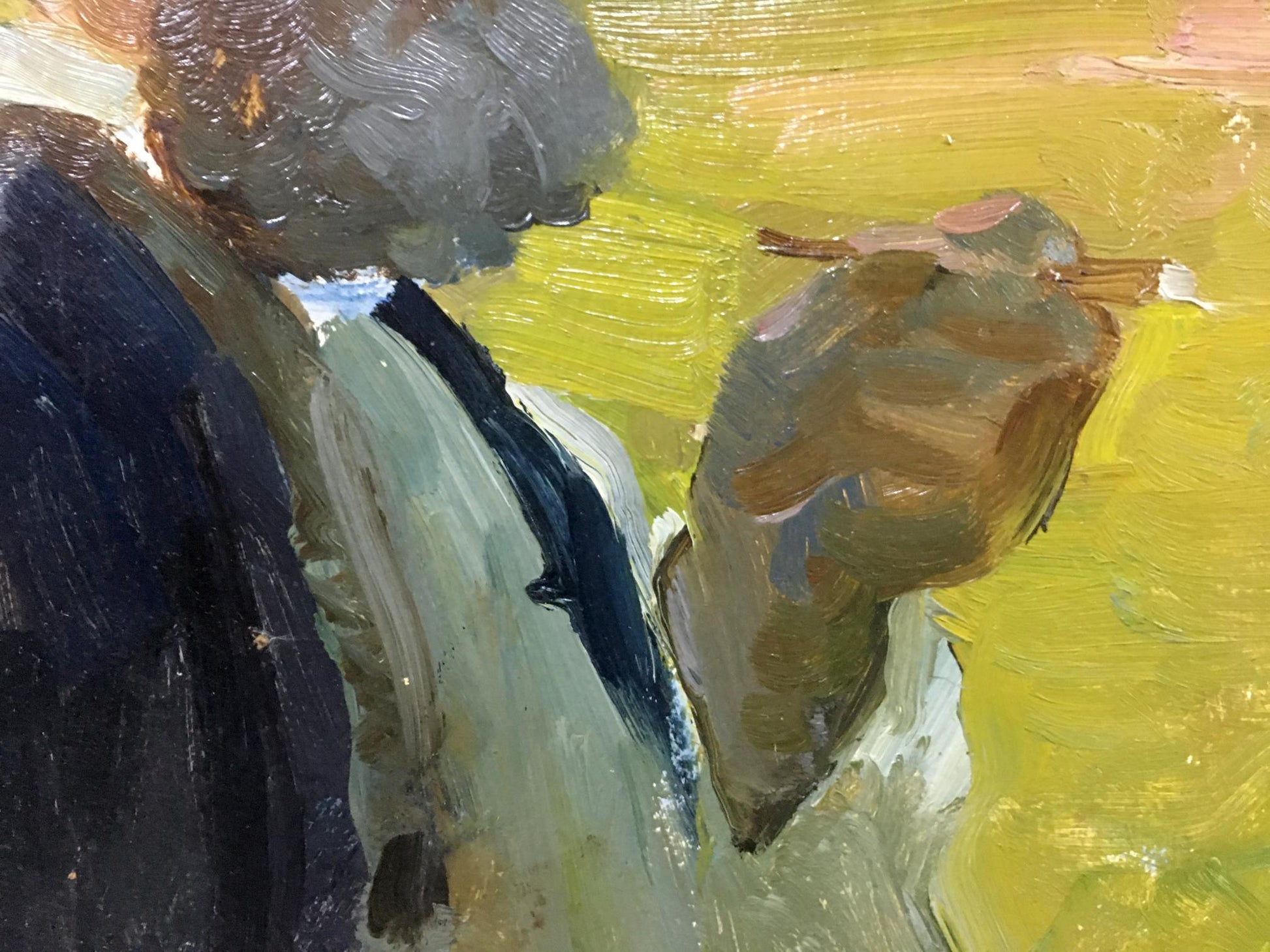 Oil painting of shepherd by Yablokov Anatoly Ivanovich, textured figure in dark clothes on yellow background