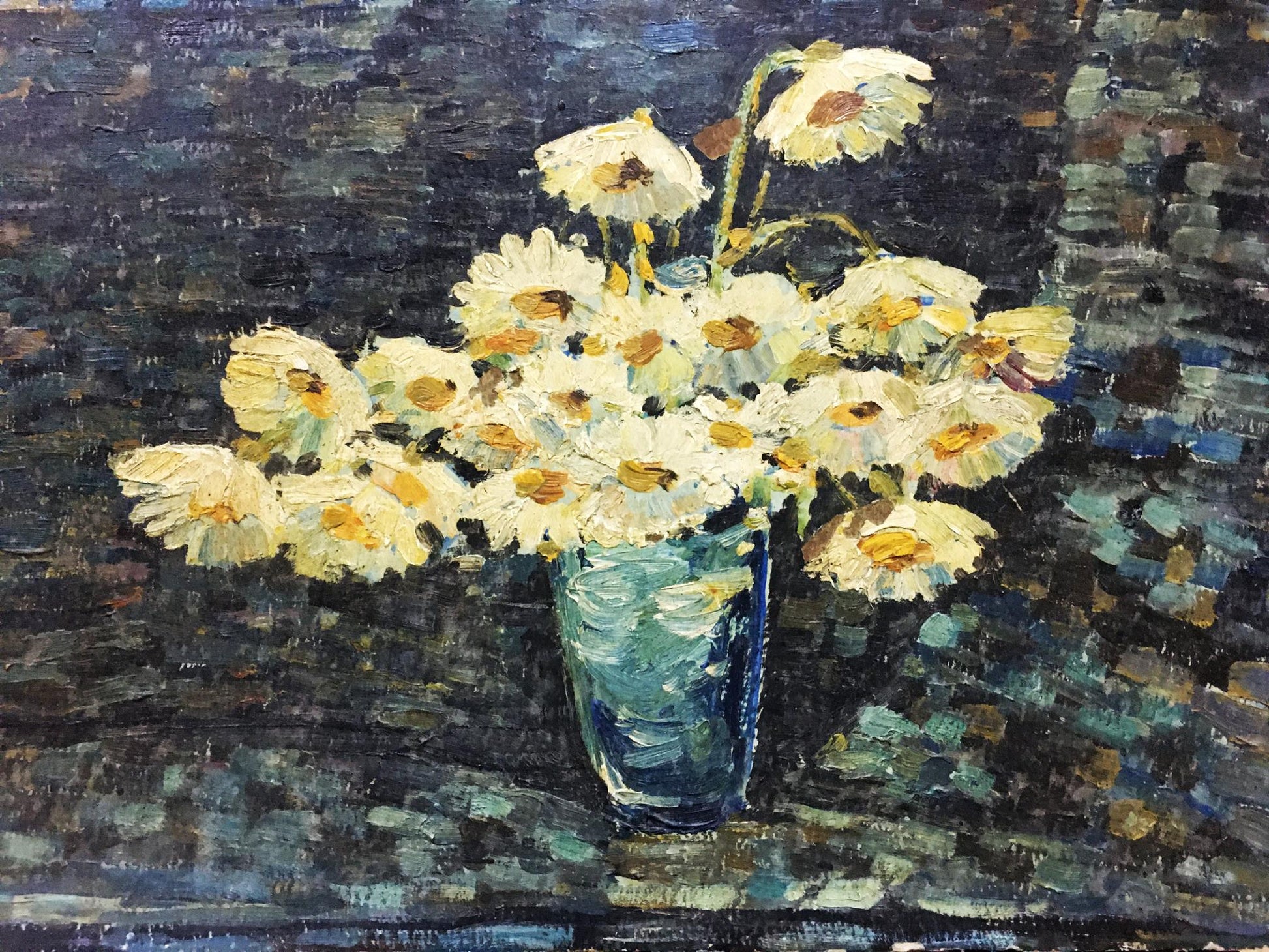 Oil painting of white daisies in blue vase by Bakaev Sergey Ivanovich