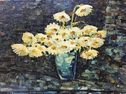 Oil painting of white daisies in blue vase by Bakaev Sergey Ivanovich