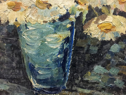 Oil painting of blue vase with white chamomile daisies by Bakaev Sergey Ivanovich