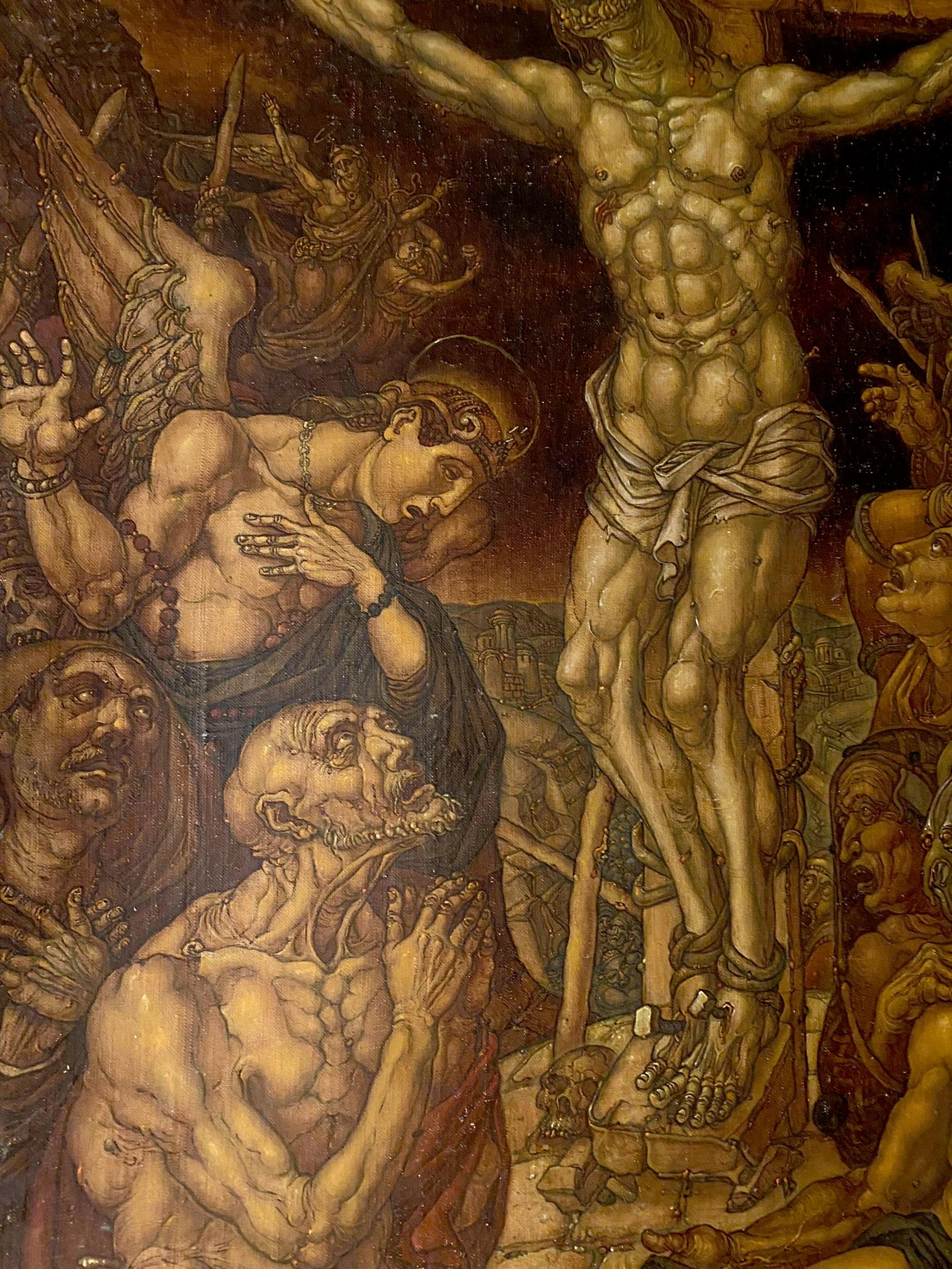 20th century oil painting of muscular pale figure crucified on cross by Litvinov