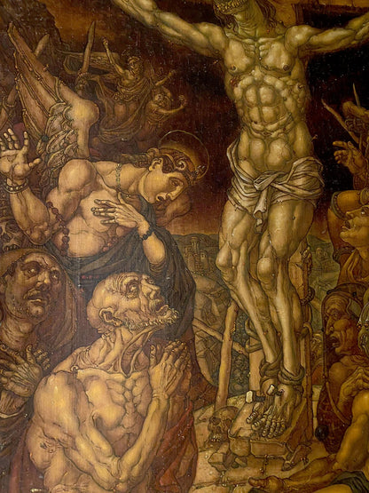 20th century oil painting of muscular pale figure crucified on cross by Litvinov