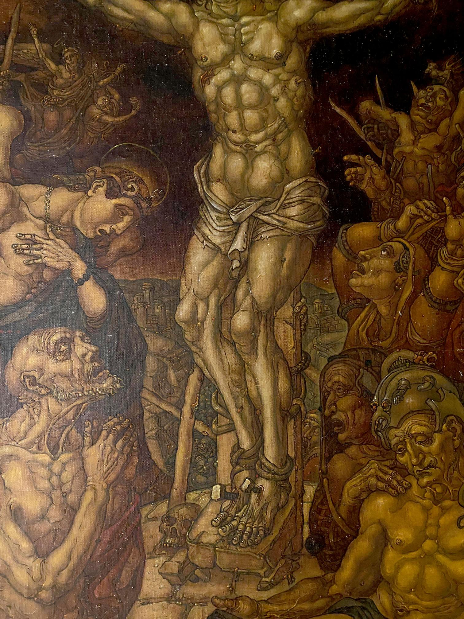 Detailed oil painting of nude muscular man crucified on cross by Litvinov Oleg Arkad’yevich