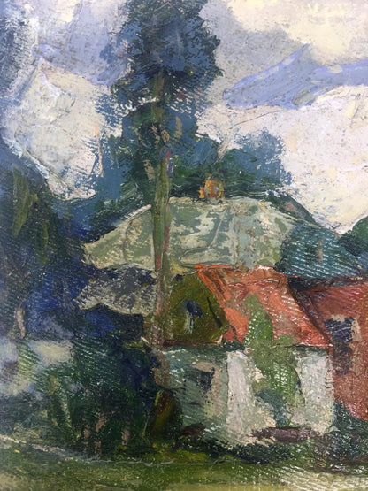 The oil painting depicts homes on the outskirts