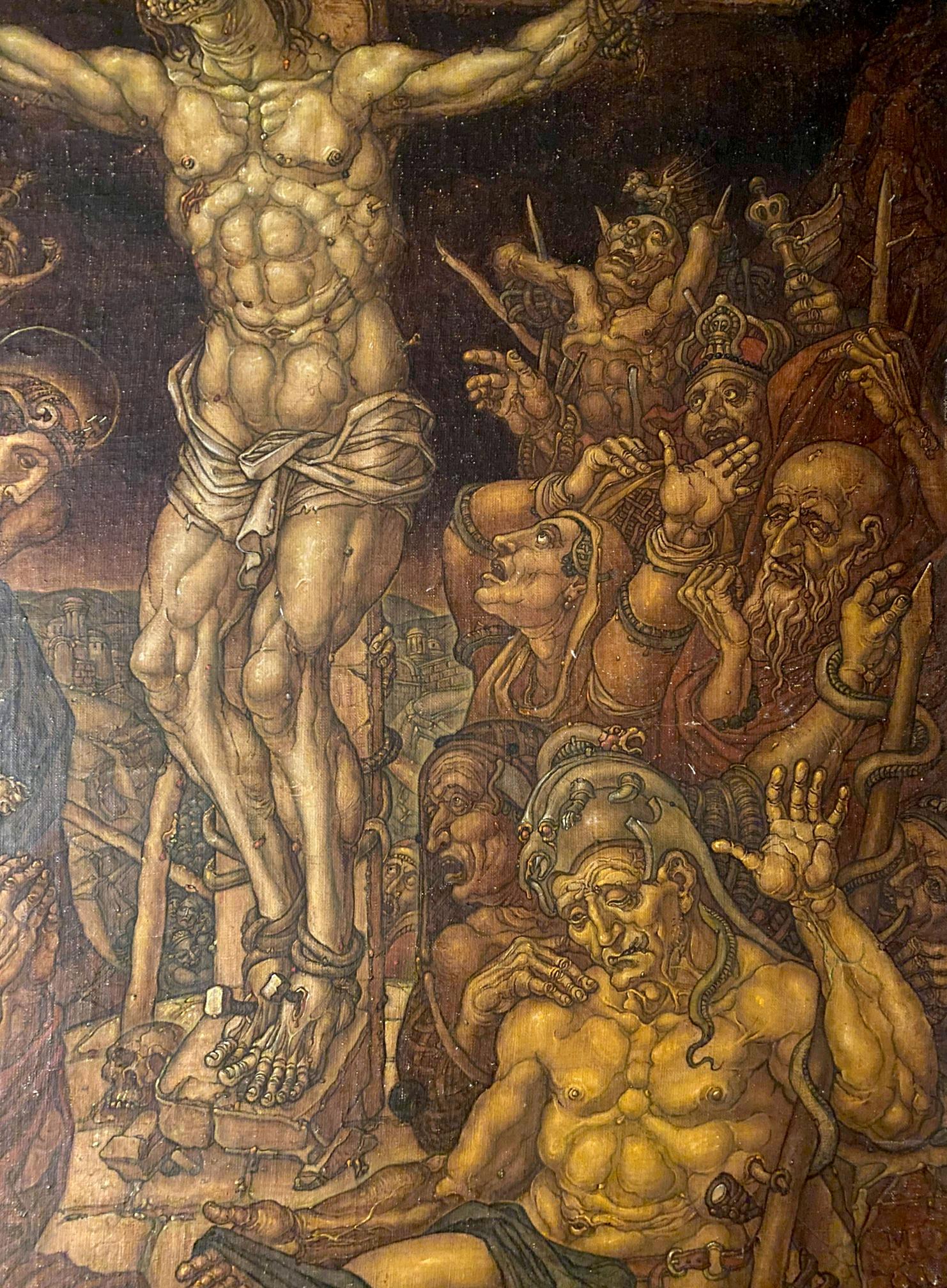 Detailed oil painting of nude muscular man crucified on cross by Litvinov Oleg Arkad’yevich