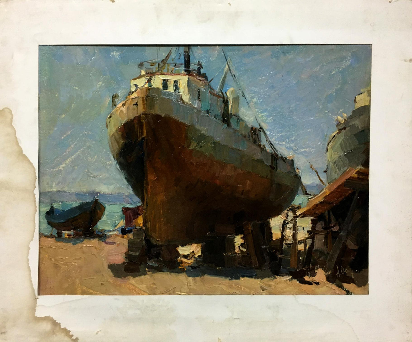 Oil painting of weathered brown and white fishing boat on supports in harbor by Osipov Alexander Yakovlevich