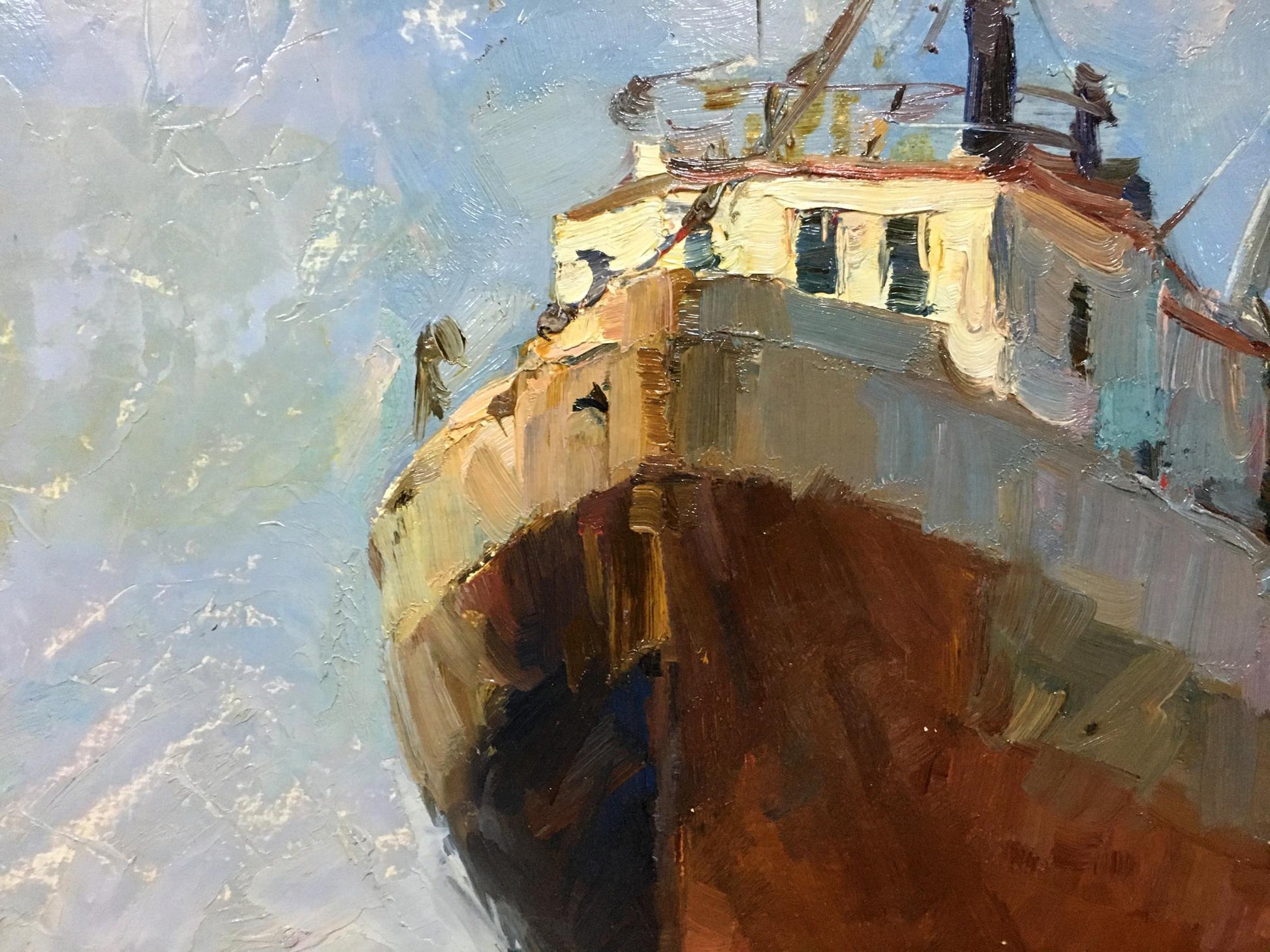 Textured oil painting of ships bow in port by Osipov Alexander Yakovlevich