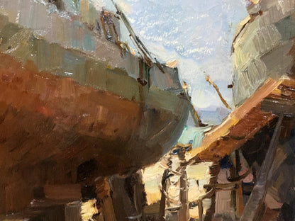 Oil painting by Osipov Alexander Yakovlevich: weathered ship hull in sunlit harbor