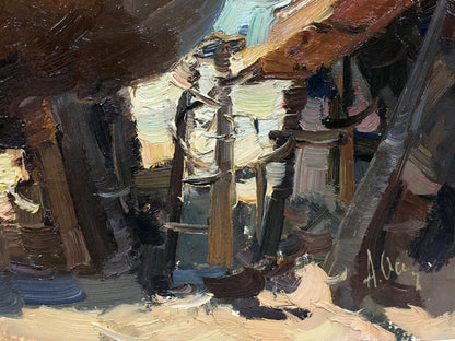 Impressionistic oil painting of ship in port by Osipov Alexander Yakovlevich