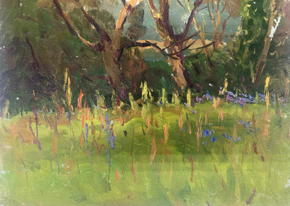 Vibrant impressionist oil painting of sunlit forest meadow by Demeshah Y. A. Kolotsyup