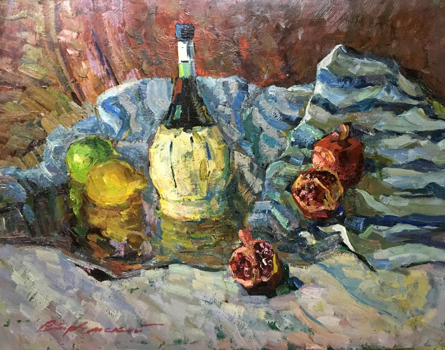 Oil painting by Stremsky Alexander Ivanovich: tall dark green glass bottle with white black cap