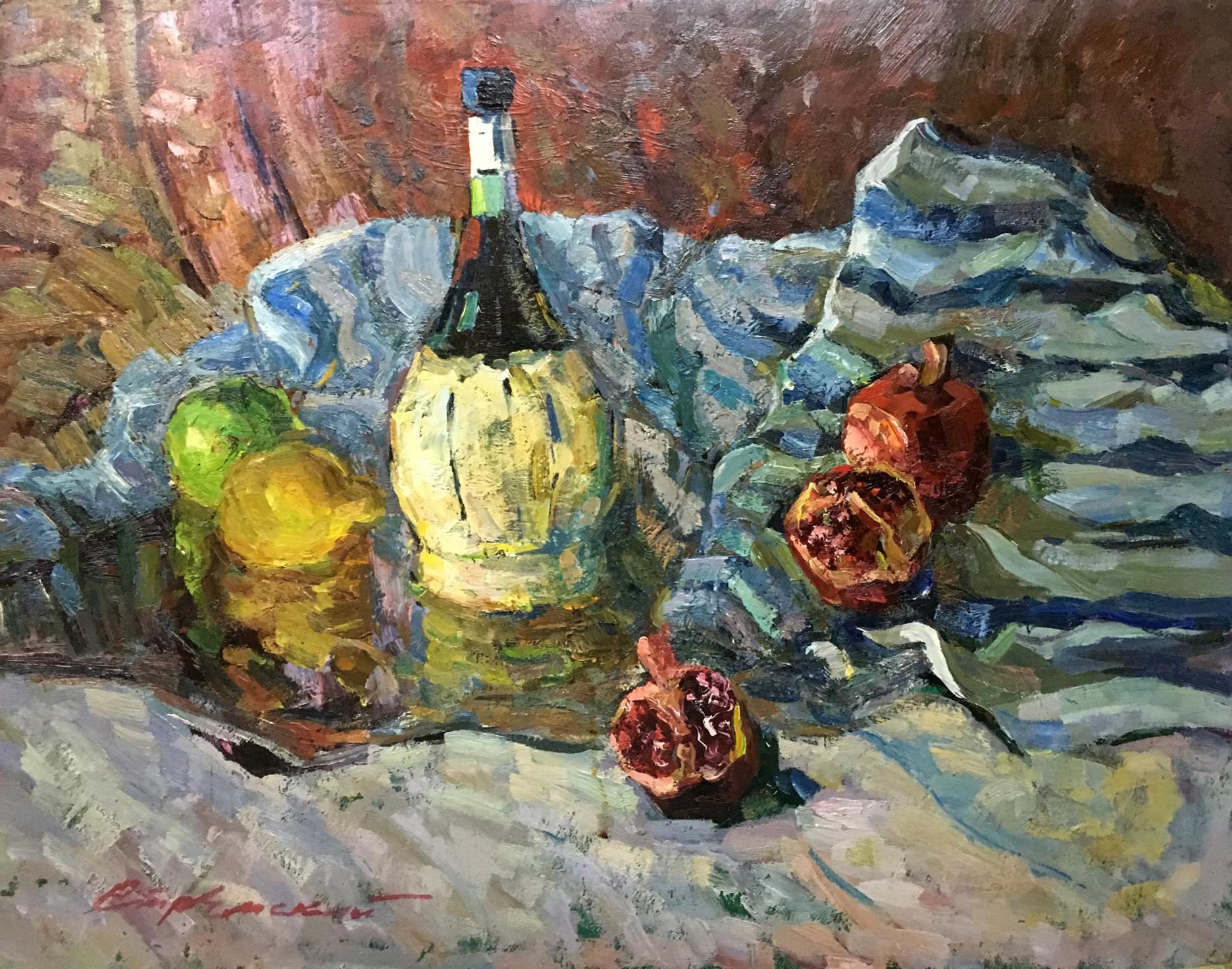 Oil painting For the New Year by Stremsky Alexander Ivanovich in tall green glass bottle on blue cloth