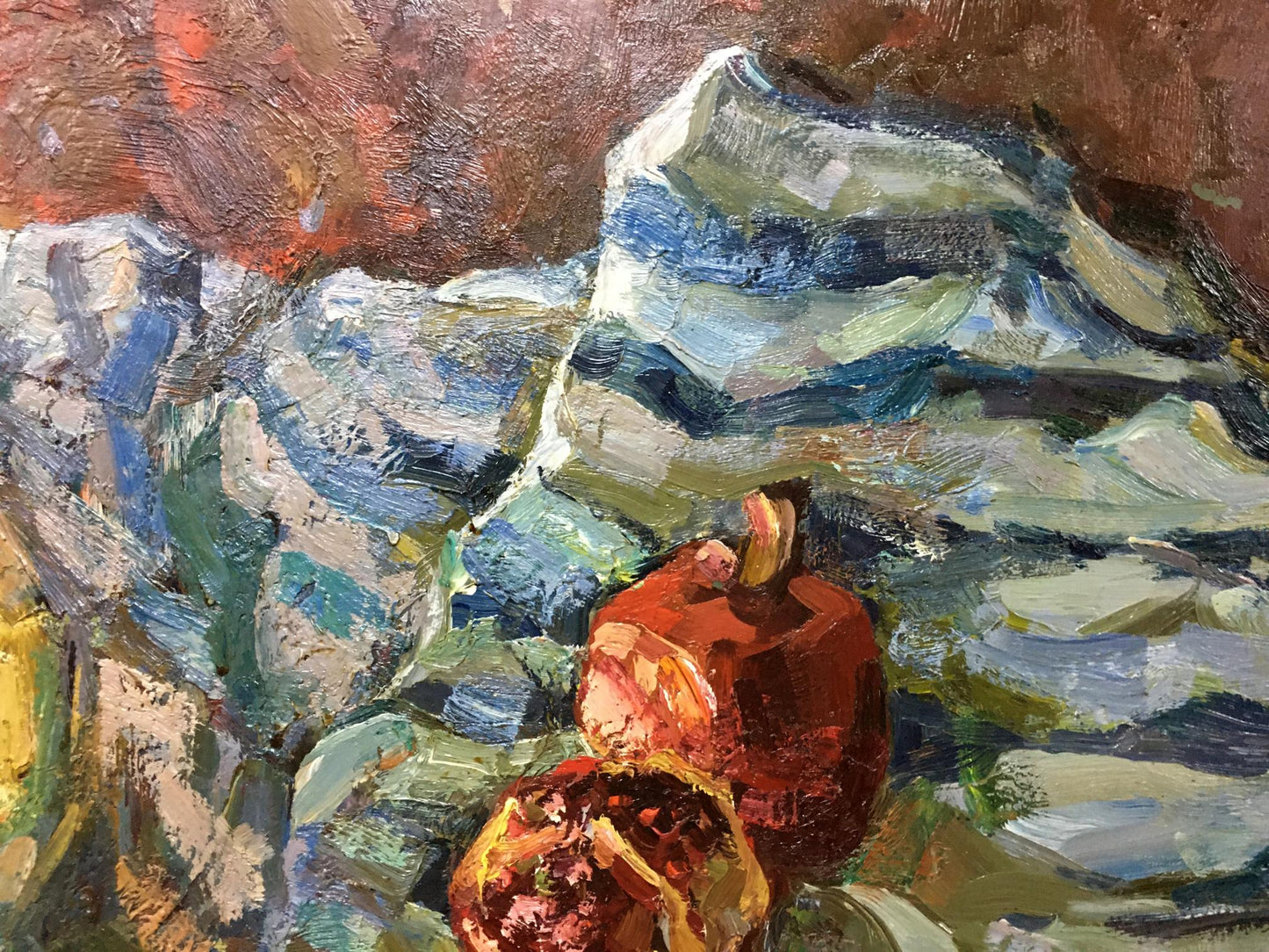 Vibrant red pomegranate in blue-green rocks, oil painting by Stremsky Alexander Ivanovich