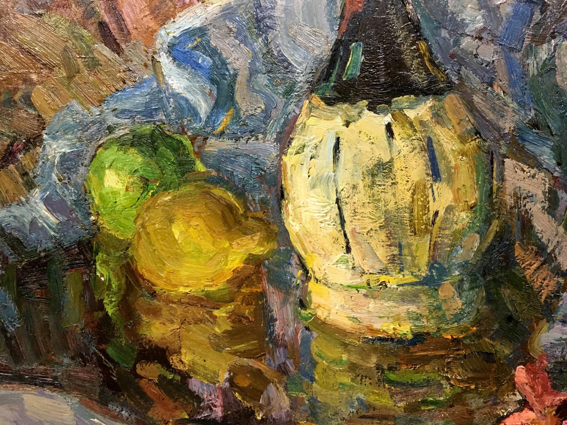 Oil painting by Stremsky Alexander Ivanovich: yellowish-green jug with citrus fruits