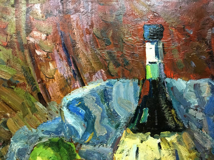 Oil painting by Stremsky Alexander Ivanovich: dark wine bottle on blue surface