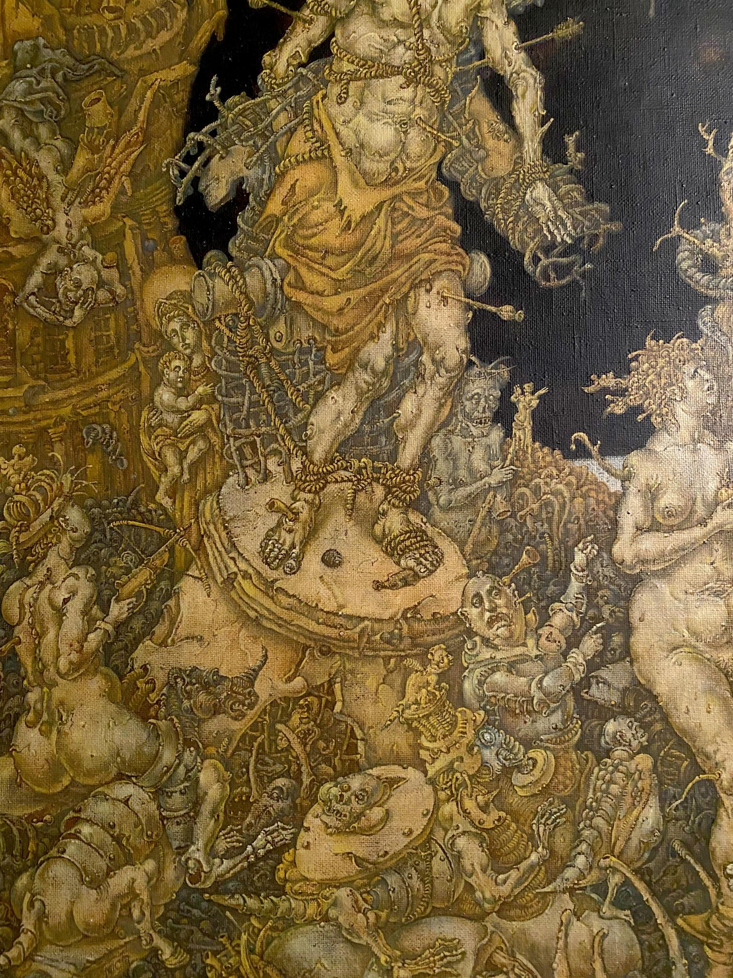20th century oil painting of golden tapestry with chained figure amid apocalyptic mythological creatures by Oleg Arkad’yevich Litvinov