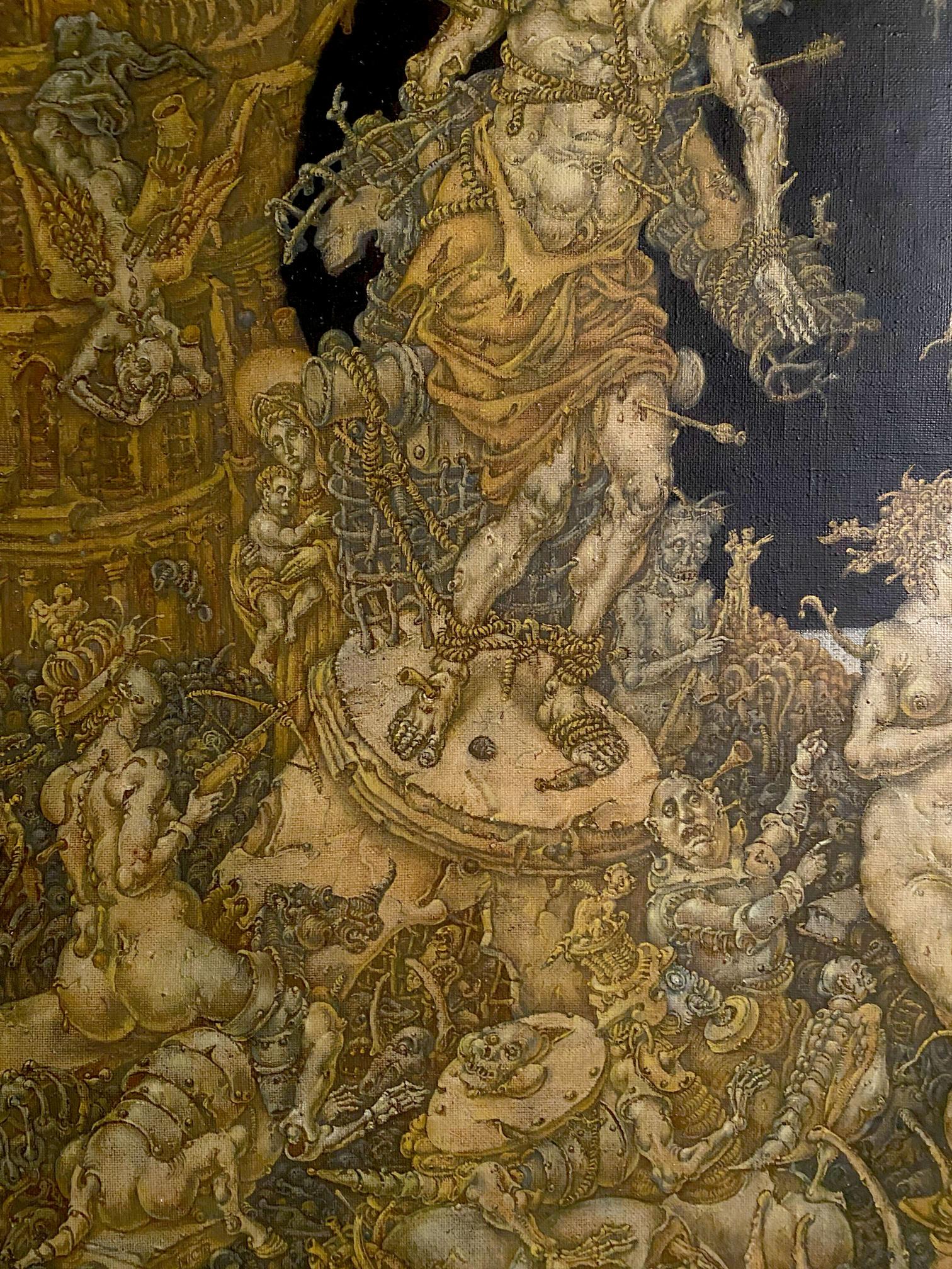 20th century oil painting of muscular saint in golden tapestry atop apocalyptic scene by Oleg Arkad’yevich Litvinov