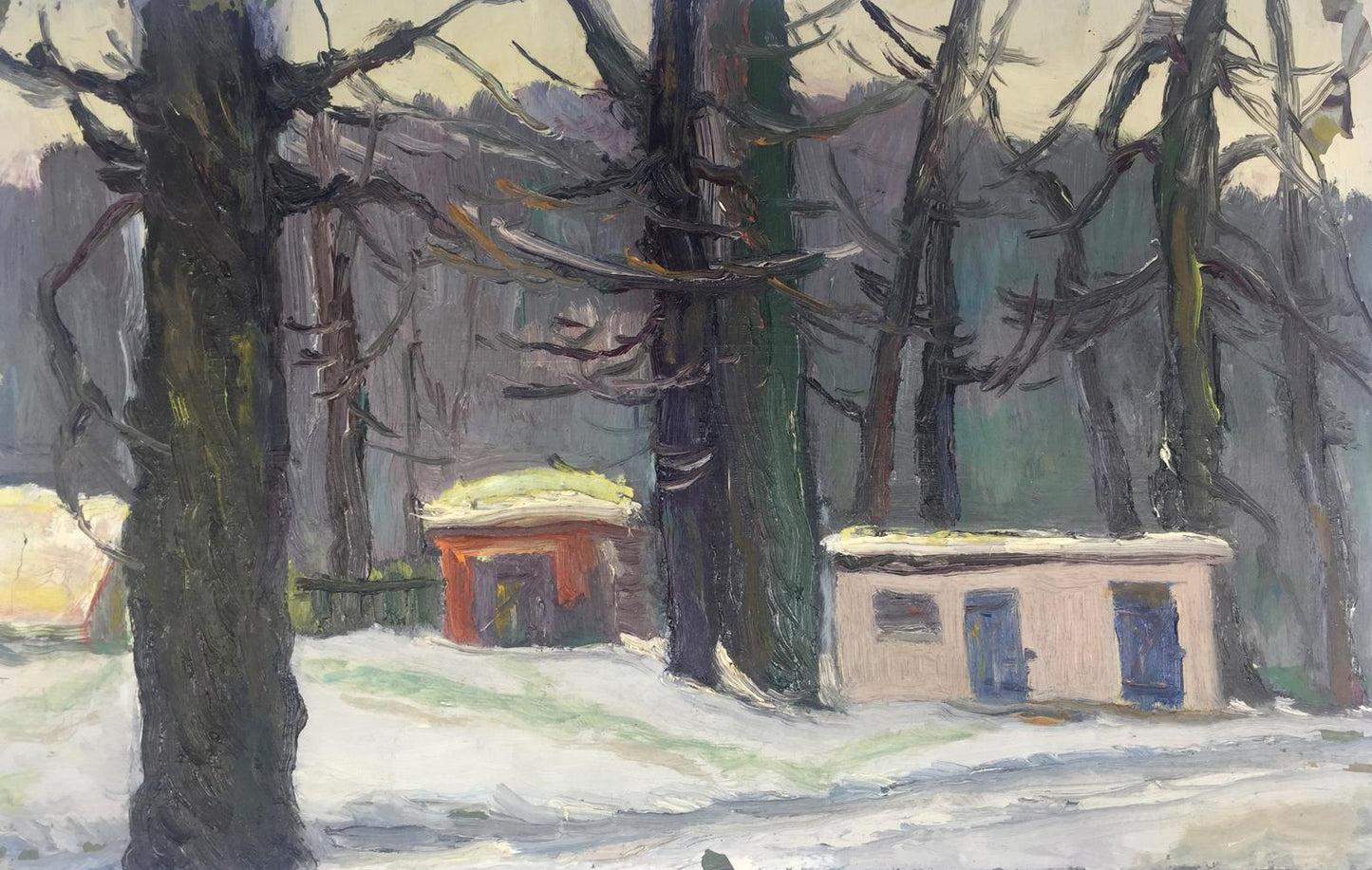 Snow-covered wooden cabins in winter forest oil painting by Bespalov
