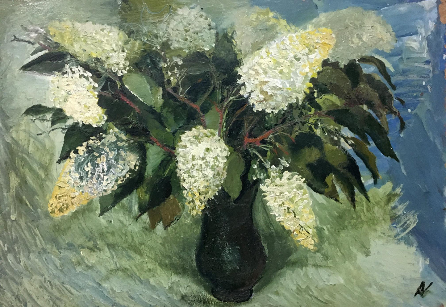 Oil painting of white lilac by Afanasyev Vladimir Ilyich in dark vase