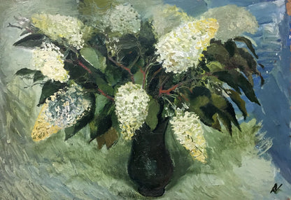 Oil painting of white lilac by Afanasyev Vladimir Ilyich in dark vase