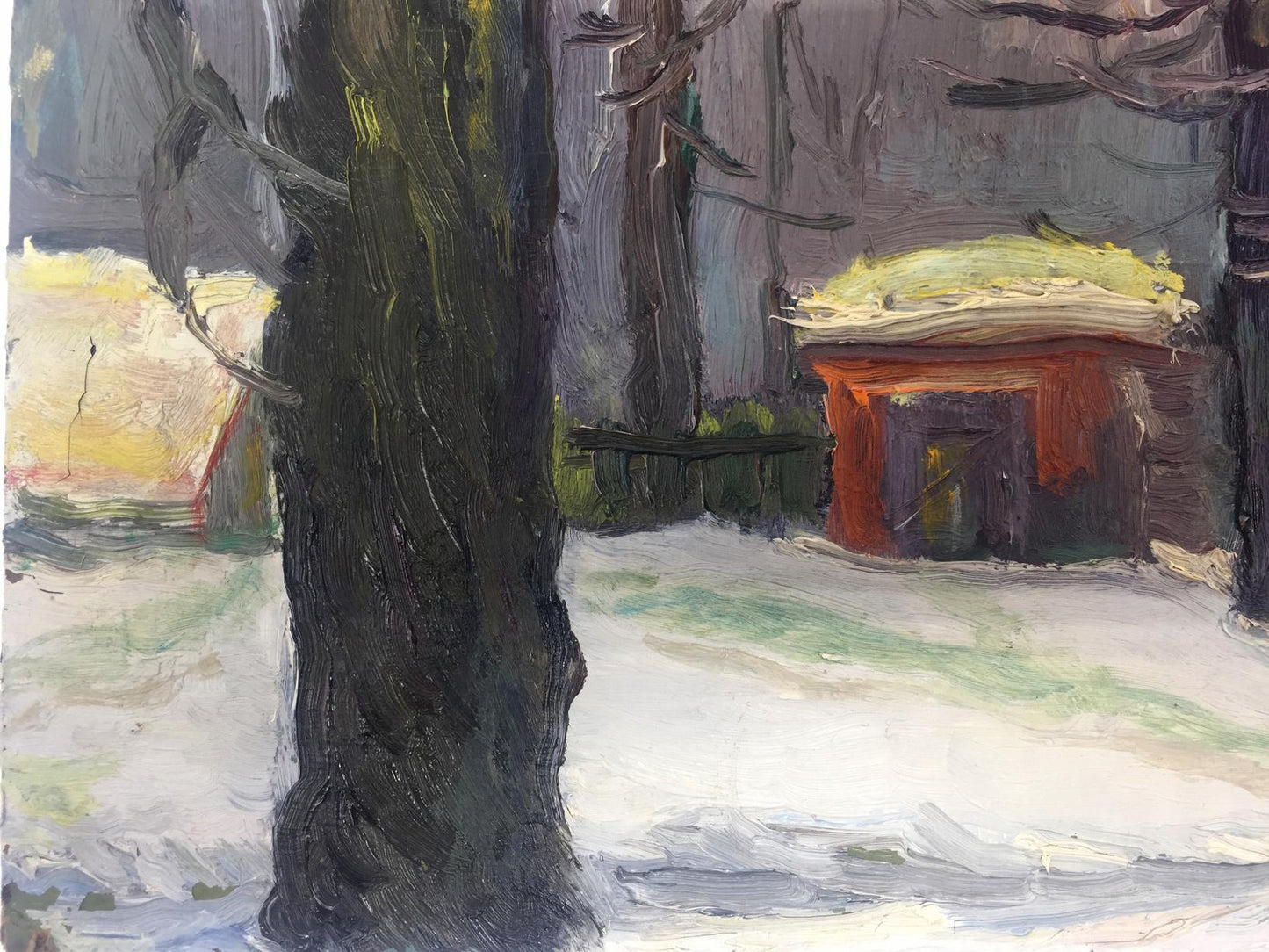 Textured dark tree trunk in snowy winter forest oil painting by Bespalov Ivan Nikolaevich